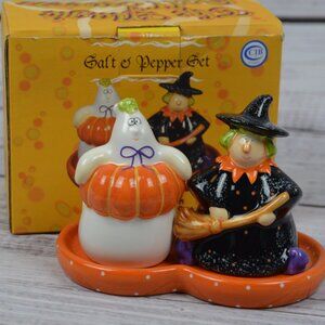 The Magic of Halloween Ghost and Witch Salt & Pepper Set W Tray EUC W BOX